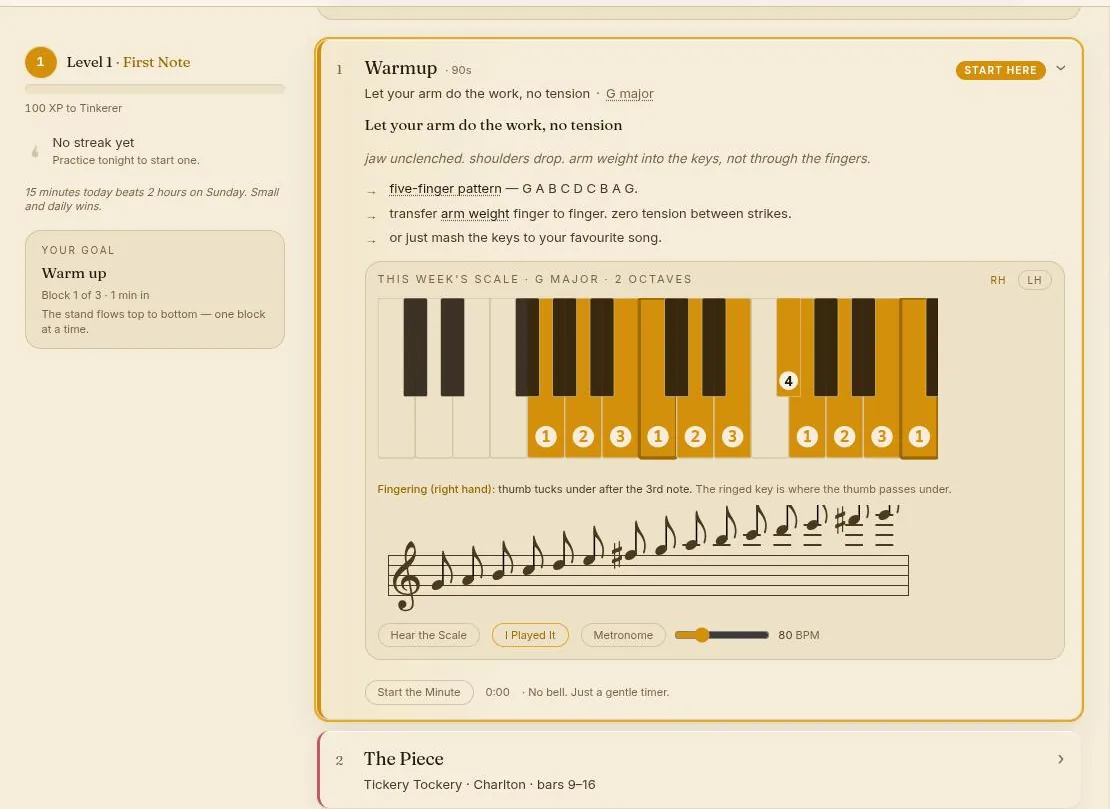 Music Practice home stand: a piano warmup with keyboard fingering, notation and a metronome