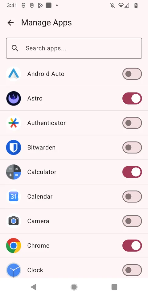 Nudge Manage Apps screen with per-app block toggles