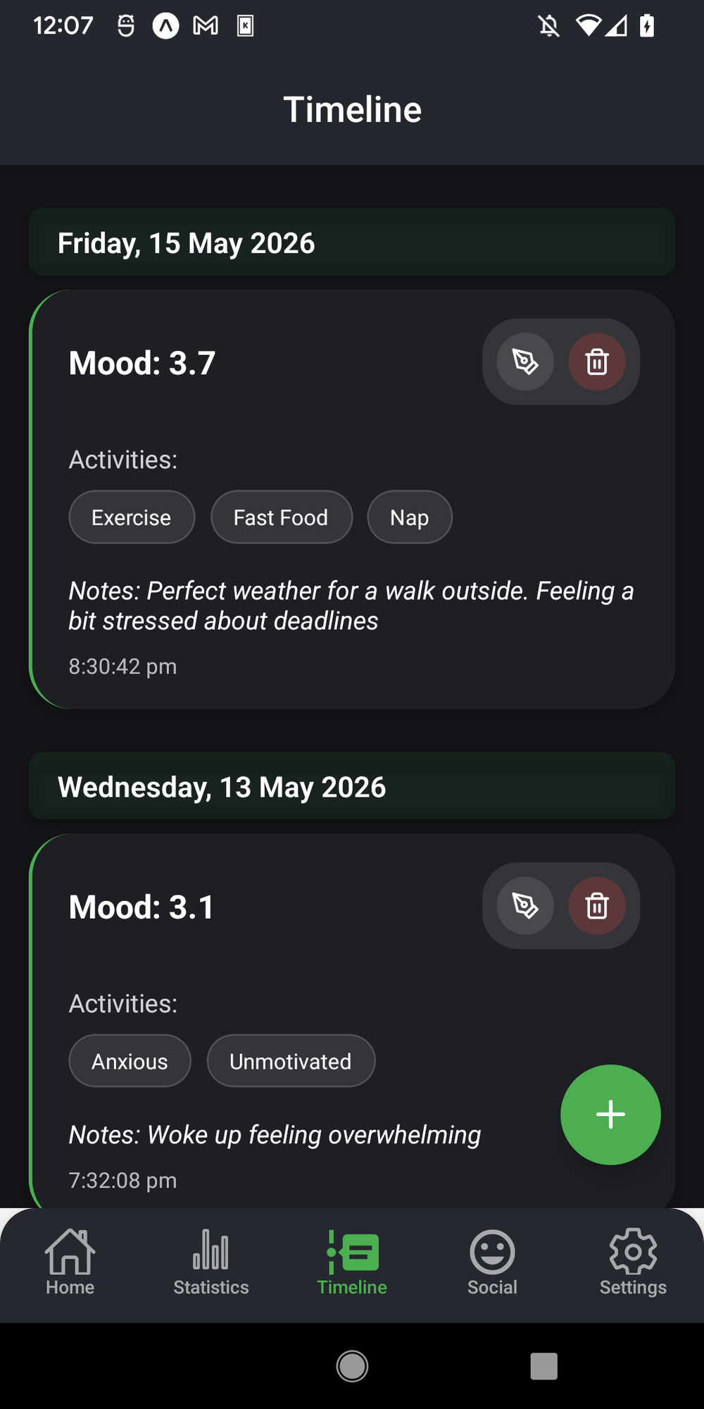 SoulSync entry timeline with notes and activities