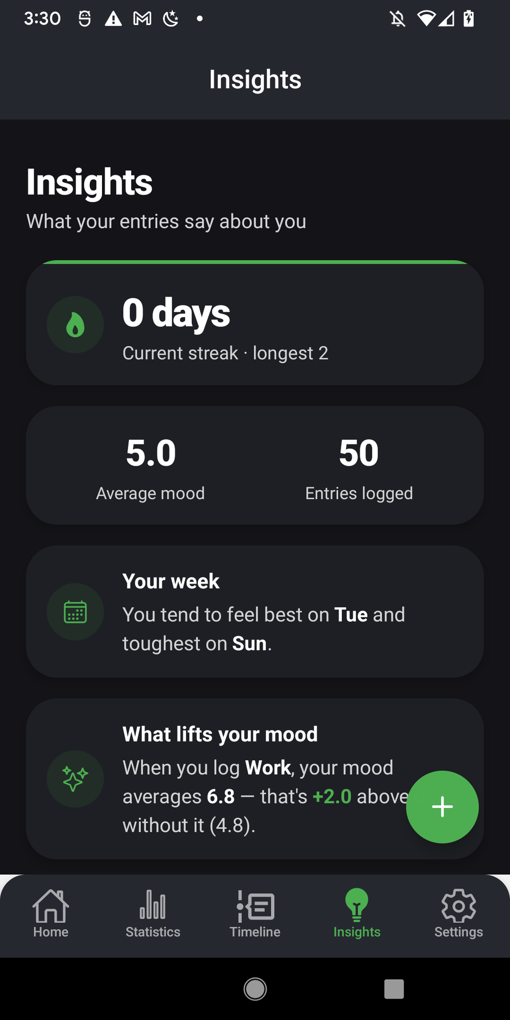 The SoulSync Insights tab showing plain-language patterns